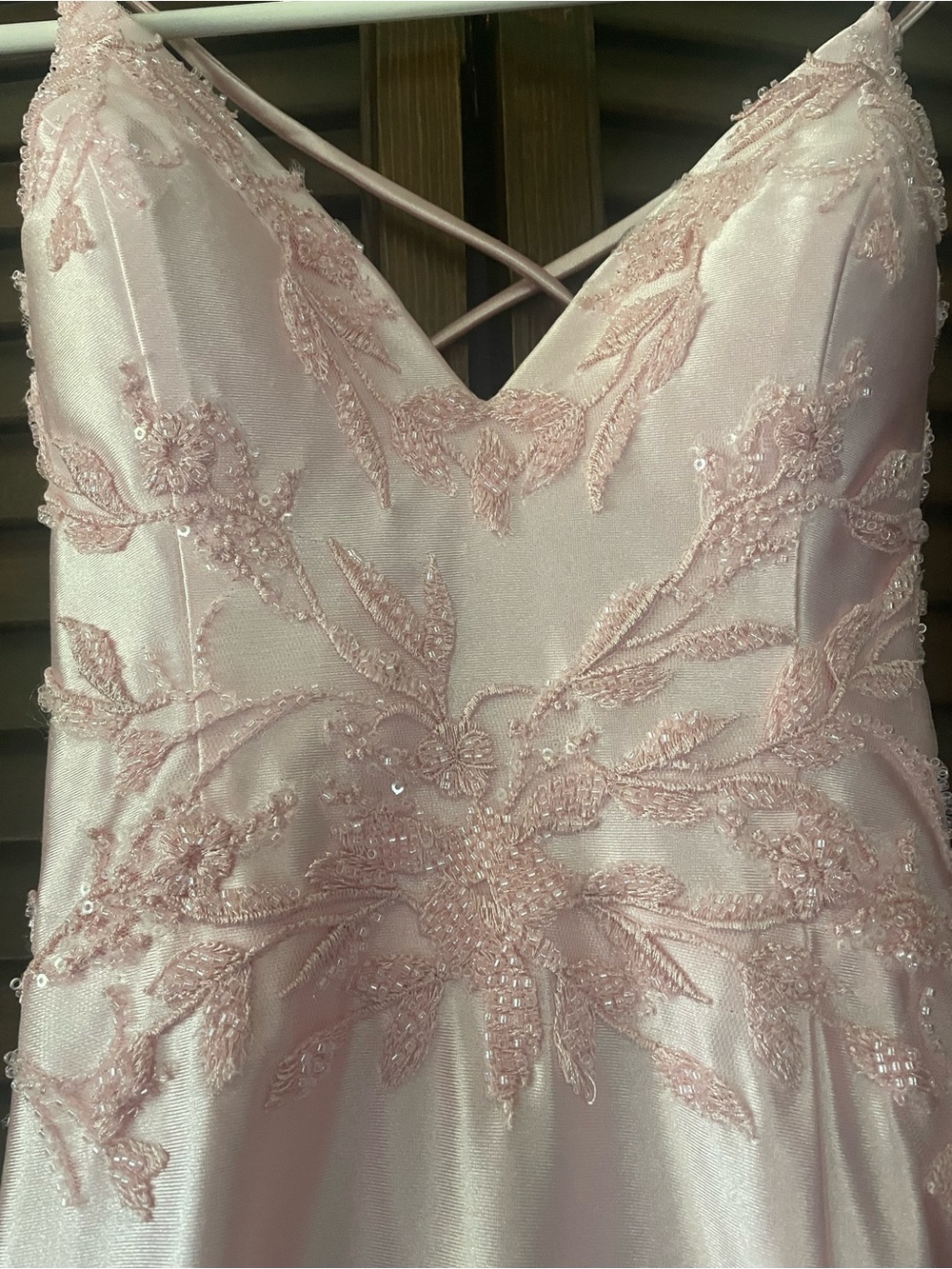Faviana Pink Satin Lace V-Neck Evening Dress